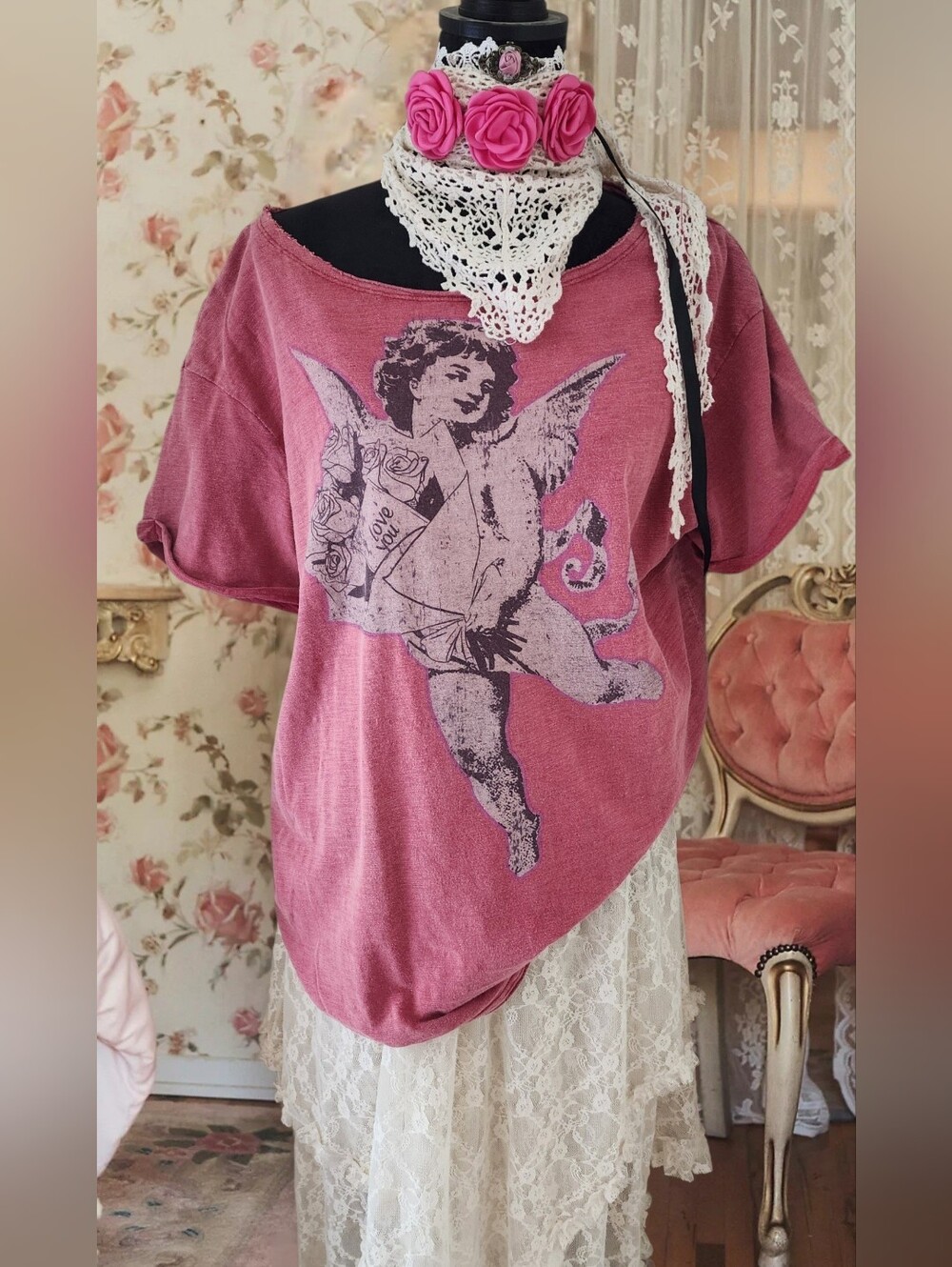 Magnolia Look Off Shoulder Distressed Free Style Cotton Boho Shirt Blouse Top L